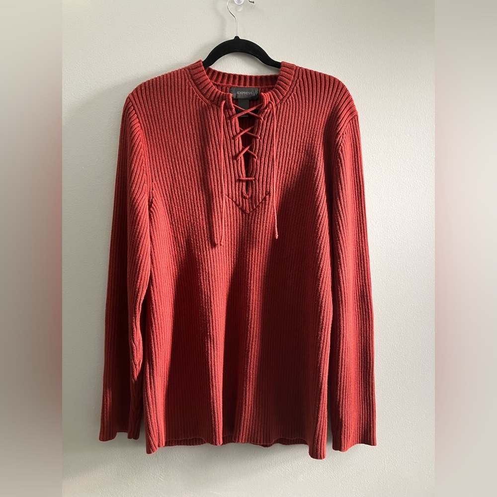 Express 100% Cotton Lace Up Sweater Women’s Size XS Red Orange Pullover Knit